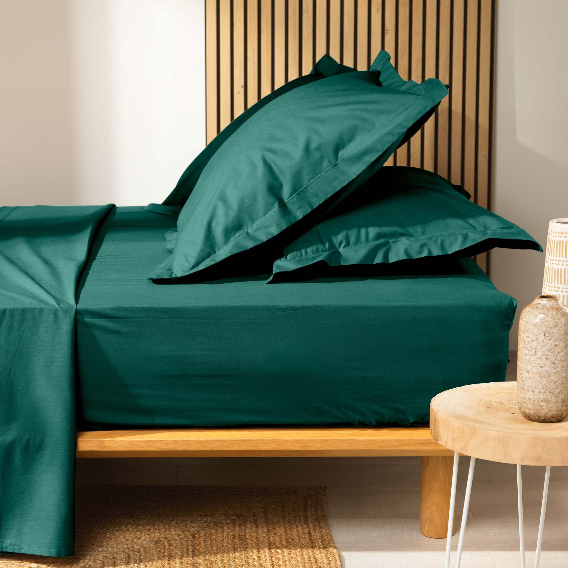 Douceur d'Intérieur Double Fitted Sheet, Cotton, Emerald, 140 x 190 cm - Image 2
