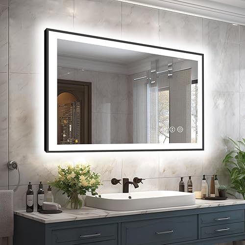 Miniatura 18 de 48x32 Espejo de Baño Iluminado, Espejos de Pared de Hollywood con Bombillas LED, 3 Temperaturas de Color y Atenuación Sin Escalas, Antiempañamiento