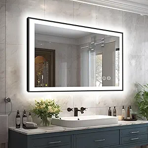 40x24 LED Bathroom Mirror for Wall, Black (Metal, Aluminum) Framed, Front Light and Backlit, 3 Colors and Dimmable Vanity Mirror, Anti-Fog, Shatter-Proof, Memory (Horizontal/Vertical)