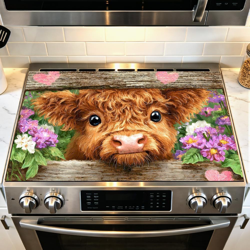 Stove Top Cover for Electric Stove 28.4 x 20.5 Inch Non Slip Stove Mat Oil Proof Floral Highland Cow Glass Cooktop Protector Kitchen Counter Mat