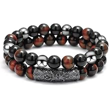 2Pcs Triple Protection Bracelet,Natural Tigers Eye Black Obsidian and Hematite 8 MM Beads Bracelet for Men Women Gift, Healing Crystal Bracelet Bring Luck and Prosperity and Happiness