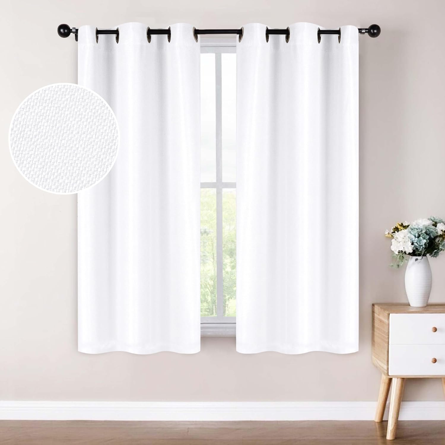 Superior Blackout Curtains, Sun Blocking Curtain for Bedroom, Solid, Textured, Living Window Accent, Room Darkening, Grommet Header, Jaxon Collection, Set of 2 Panels, 42" x 63", Snow White