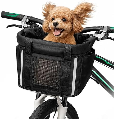 ANZOME Cesta de bicicleta, plegable para mascotas, gatos, perros, portador frontal extraíble para manubrio de bicicleta, cesta de liberación rápida,