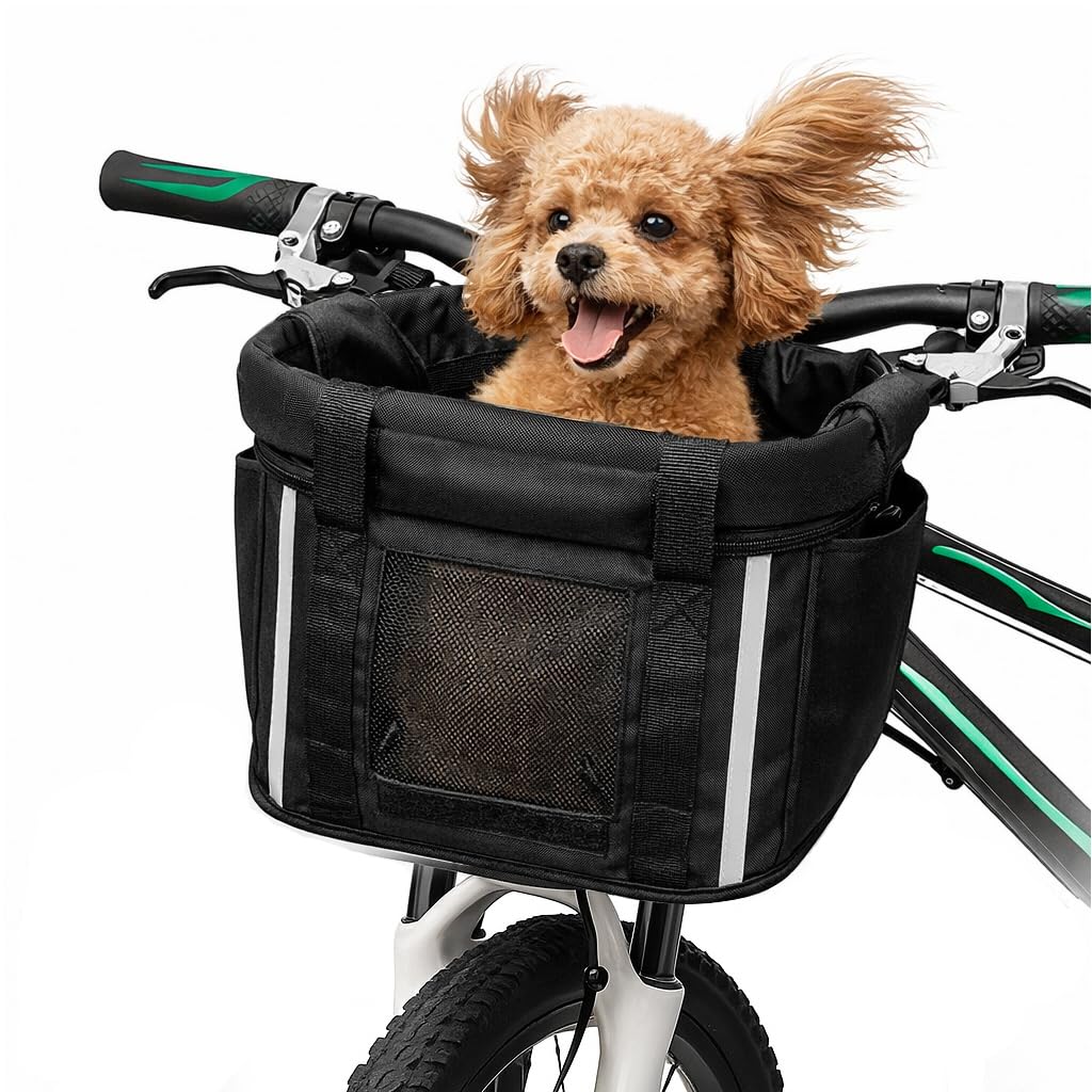 ANZOME Bike Basket, Folding Small Pet Cat Dog Carrier Front Removable Bicycle Handlebar Basket Quick Release Easy Install Detachable Cycling Bag Mountain Picnic Shopping