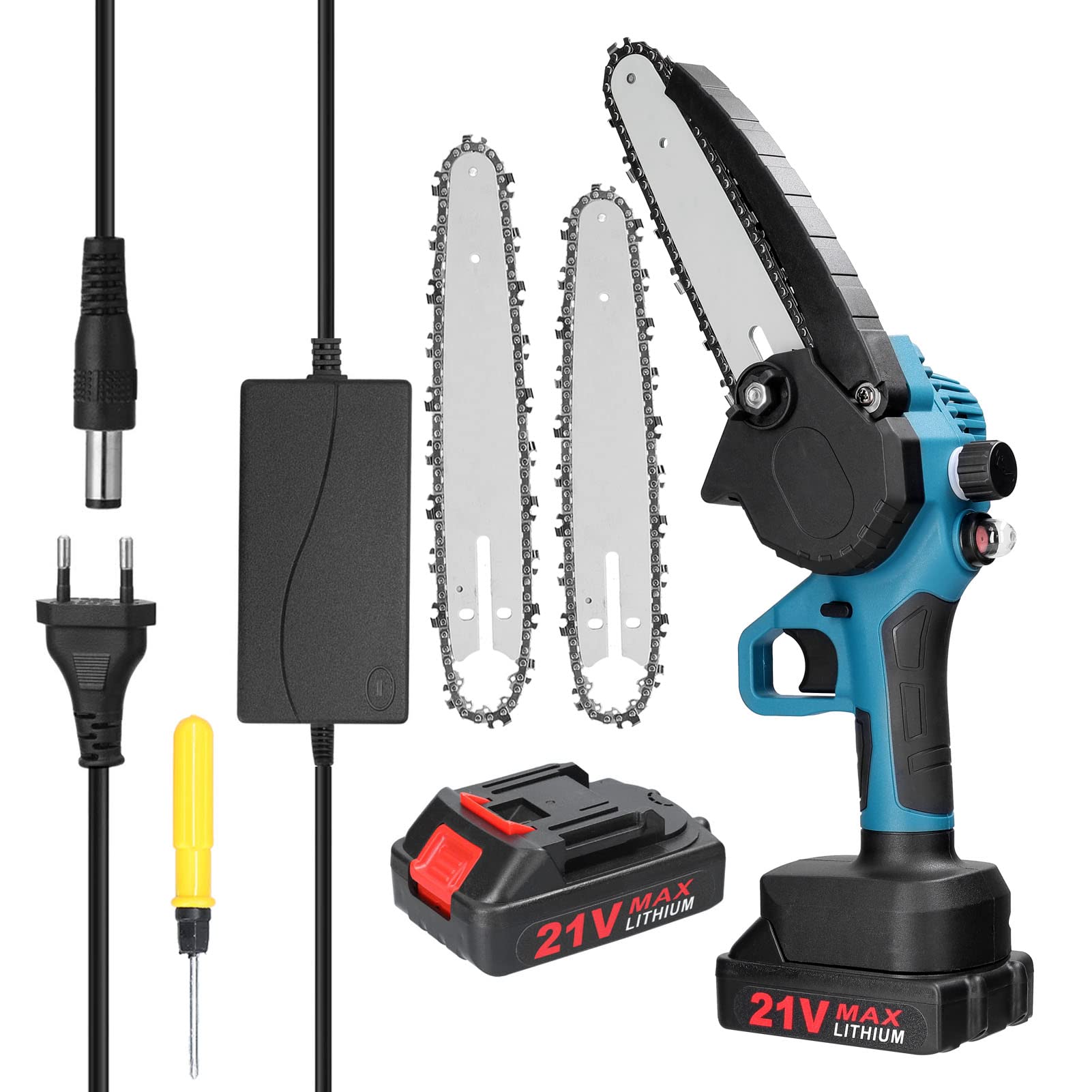 3-en-1 Mini Motosierra Eléctrica de 4/6/8 pulgadas con 2 * 7.5Ah Baterías y Cargador + 3 * Placa de Guía + 3 * Sierra,5 m/s,Motor del Cepillo,Sierra Electrica de Mano para huerto de jardín.