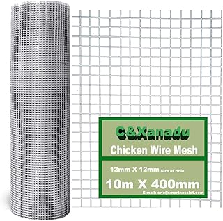 C&Xanad 400mmX10m Chicken Wire Mesh Roll | 12mm X 12mm Holes | 0.9mm /20 Gauge Aviary and Poultry Wire Fencing, Hot Dip Galvanised Welded Mesh Panels