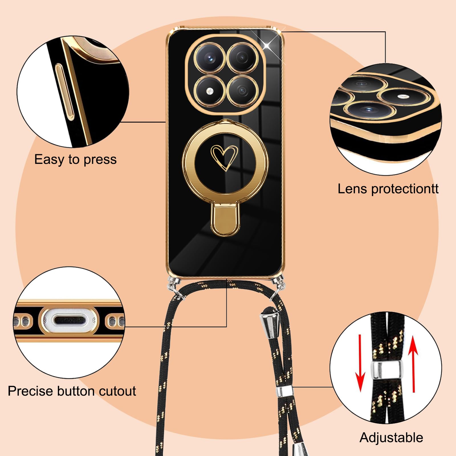 Yutwo Cover per Redmi Note 14 4G con Cordino, Elettrolitico Cuore Custodia per Xiaomi Redmi Note 14 4G con Supporto Anello Donna Cuore Cover Tracolla