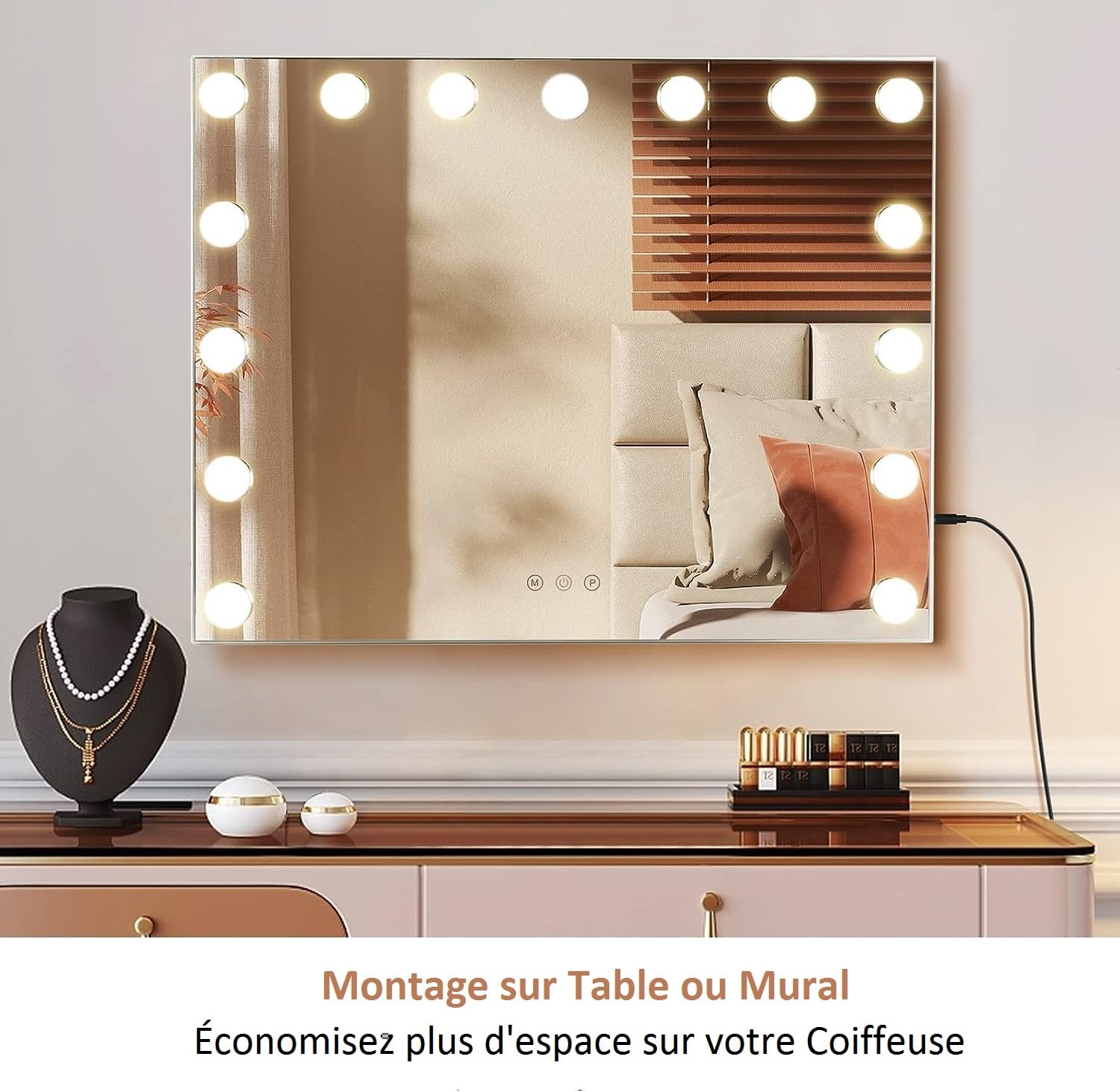 YU YUSING Miroir Maquillage Hollywood Lumineux, Miroir Coiffeuse LED 15 Lumières Dimmables 58X45cm, Contrôle Tactile 2 Couleurs Montage Mural Blanc
