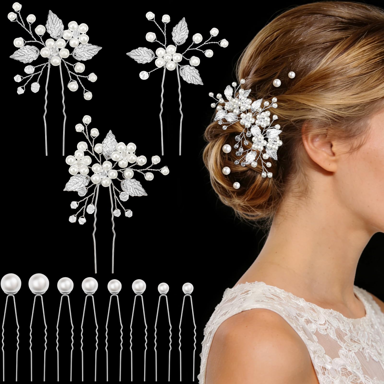 Kiiwah 11 Pezzi Forcine Capelli Sposa, Accessori Capelli Sposa con Perle Eleganti per Donne Ragazze Festa (Argento)