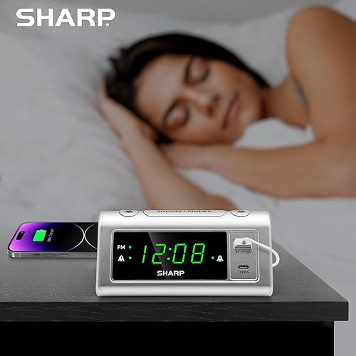 Miniatura 4 de SHARP Reloj despertador para dormitorios, carga USB-C súper rápida y carga USB rápida de 2 amperios, 2 alarmas, atenuador de 3 pasos, repetición,