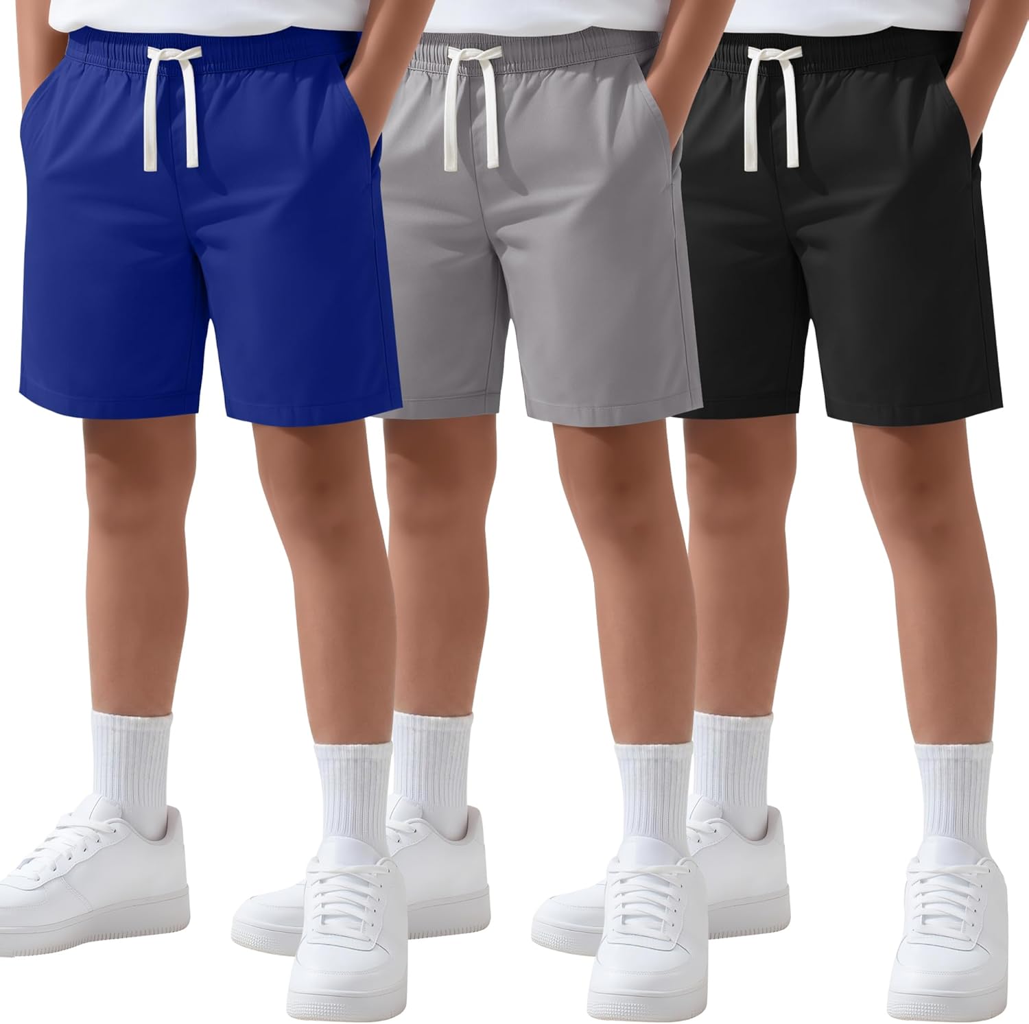 3 Pack Boys Uniform Shorts Performance School Wear Casual Loose Pull on Summer Elastic Waisted Shorts with Pocket