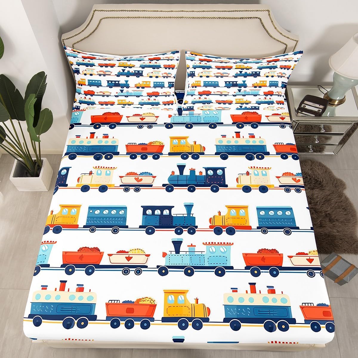 Cartoon Train Fitted Sheet Twin Size Transport Vehicles Bedding Set 2Pcs Colorful Cars Bed Sheet for Kids Boys Girls Teens Room Decor Vintage Train Tracks Deep Pocket Sheet