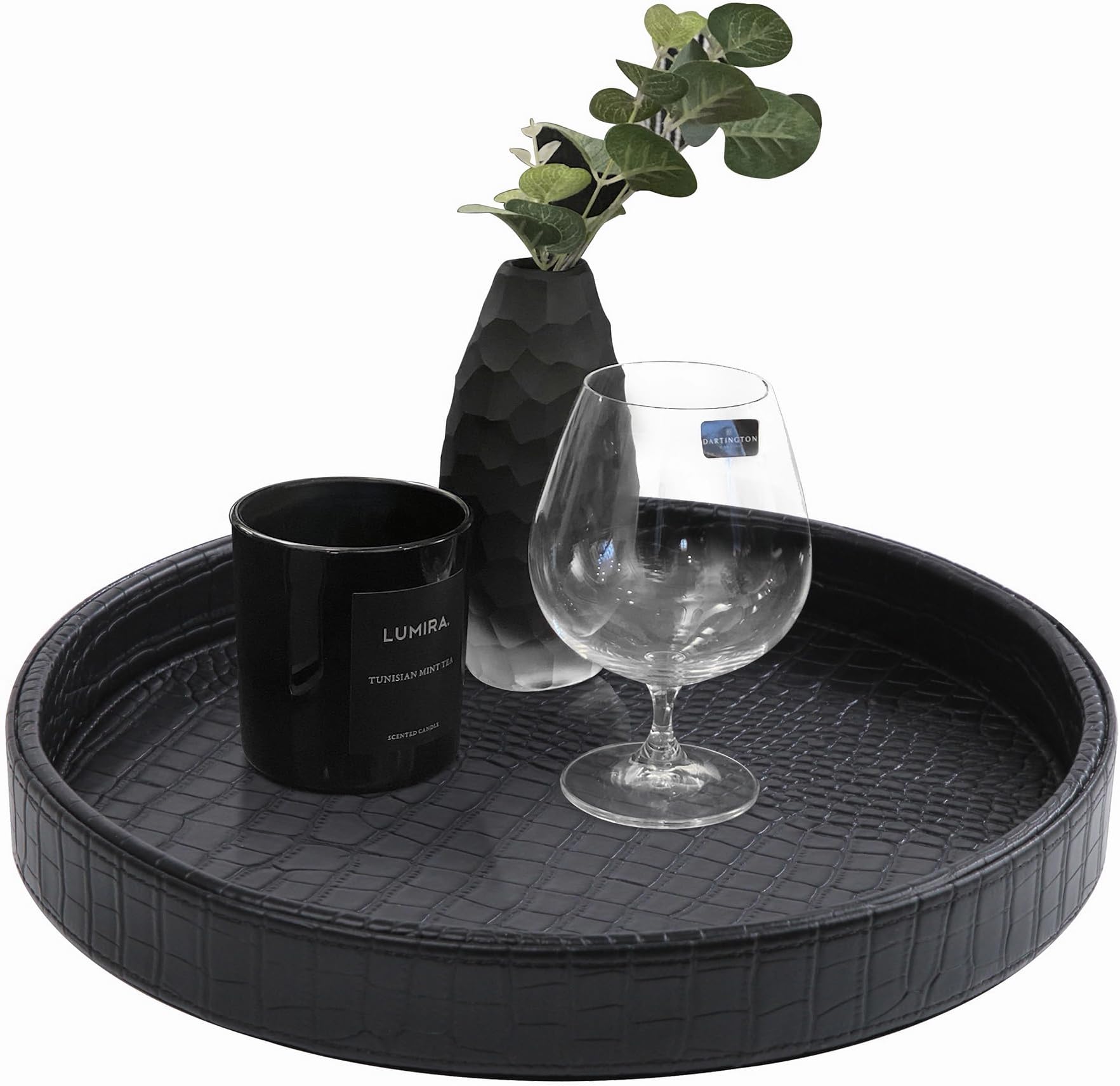 HofferRuffer Faux Leather Round Serving Tray, Vegan Croco Leather Decorative Tray, Food Tray for Storage Drinks, Snack & Cosmetics, Dia.12'' x 1.6'' (Black)