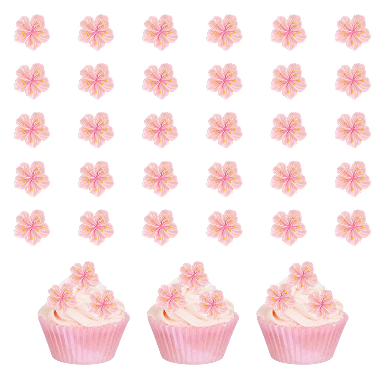 30 PCS Flower Cupcake Toppers Pink Flowers Cake Decorations Picks Pink Flowers for Bridal Engagement Baby Shower Birthday Party Decorations Supplies