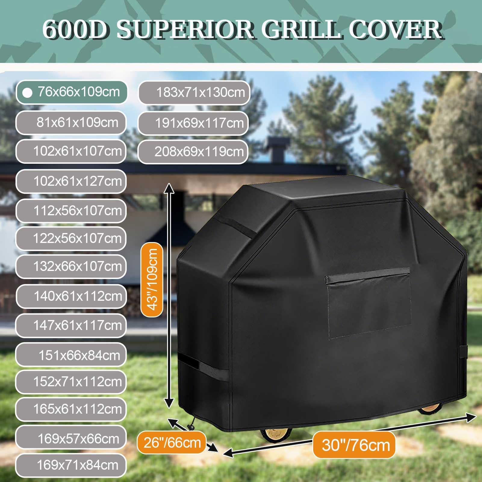 Copertura per barbecue 90/120/140/160 cm, impermeabile, 600D, per barbecue Brinkmann Nesis Serie 300, protezione per barbecue all'aperto, colore grigio, 76 x 66 x 109 cm