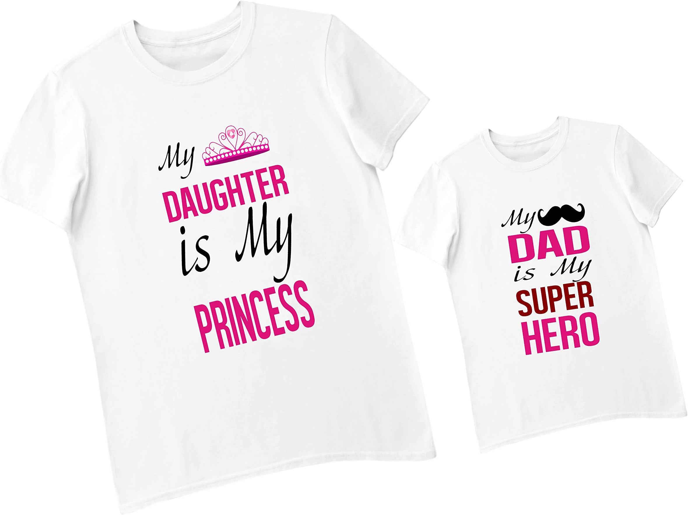 ADT Photo GiftsDad & Daughter Combo White T-Shirt, Pack of 2, Daughter Princess & Dad Super Hero with Men Small & Kid 2-4 Year Size
