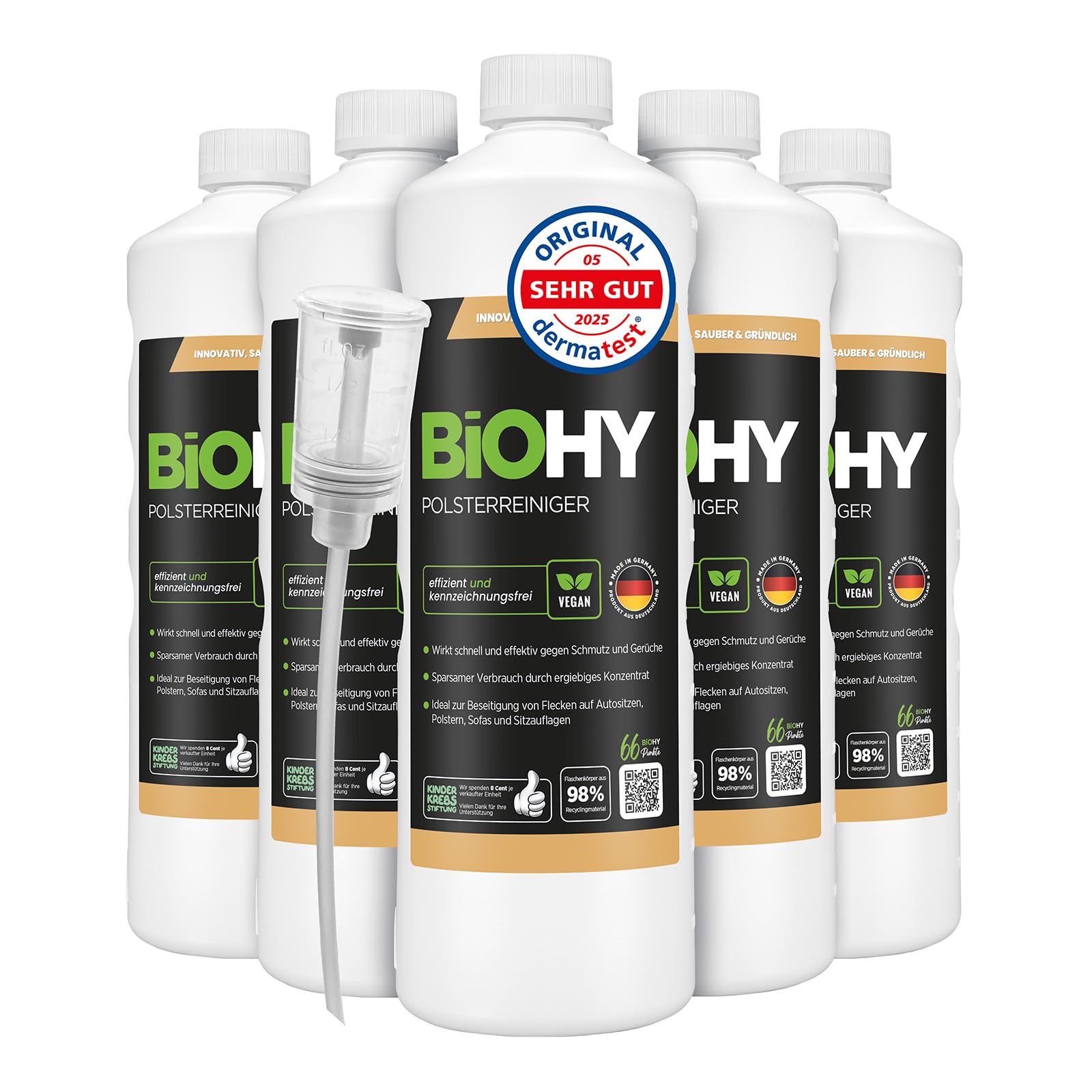 BiOHY środek do czyszczenia tapicerki (6 x butelka 1l) + dozownik | Idealny do sof, tapicerki, dywanów i tekstyliów | Nadaje się również do odkurzaczy | Usuwa wszelkie plamy (Polsterreiniger)