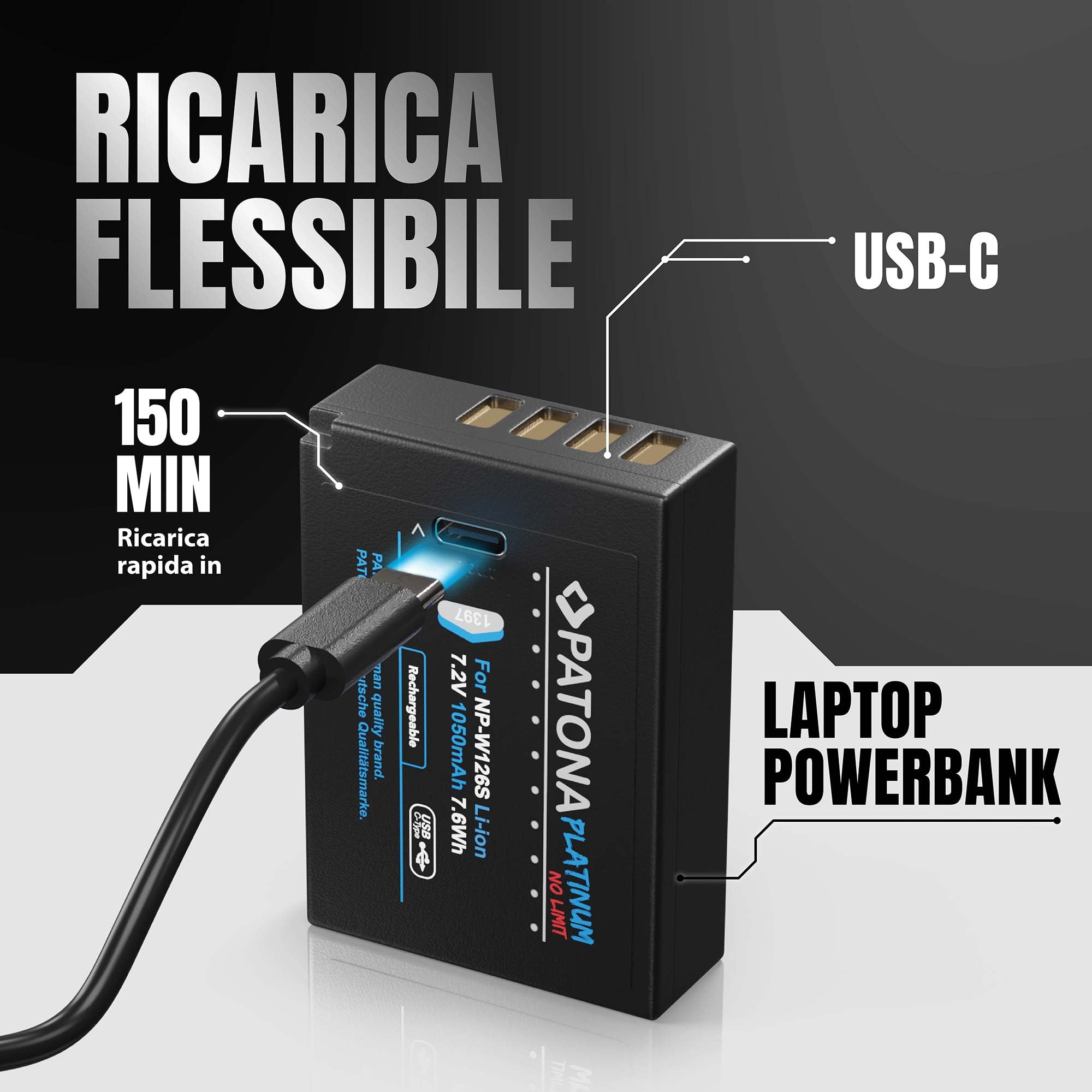 PATONA 2X Platinum NP-W126S Batteria 1050mAh con ingresso USB-C – Ricambio per Fujifilm NP-W126S – per X-T1 X-T2 X-T3 X-T20 X-T30 II, X100F X100V, X-Pro1 X-Pro3, X-E4, X-A7, X-H1 – doppia riserva