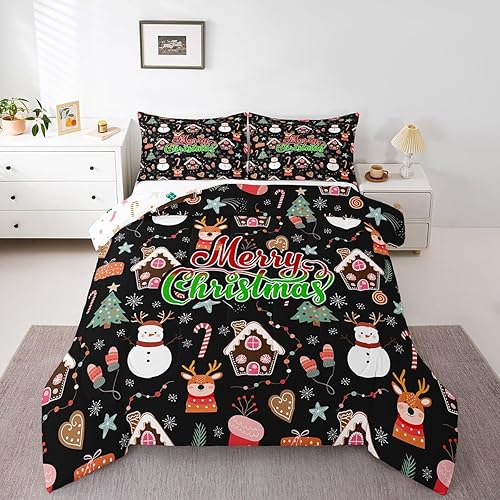 Juego de edredón de decoración de Navidad, árbol de Navidad, reno, muñeco de nieve, juego de ropa de cama con temática de invierno, edredón de Feliz
