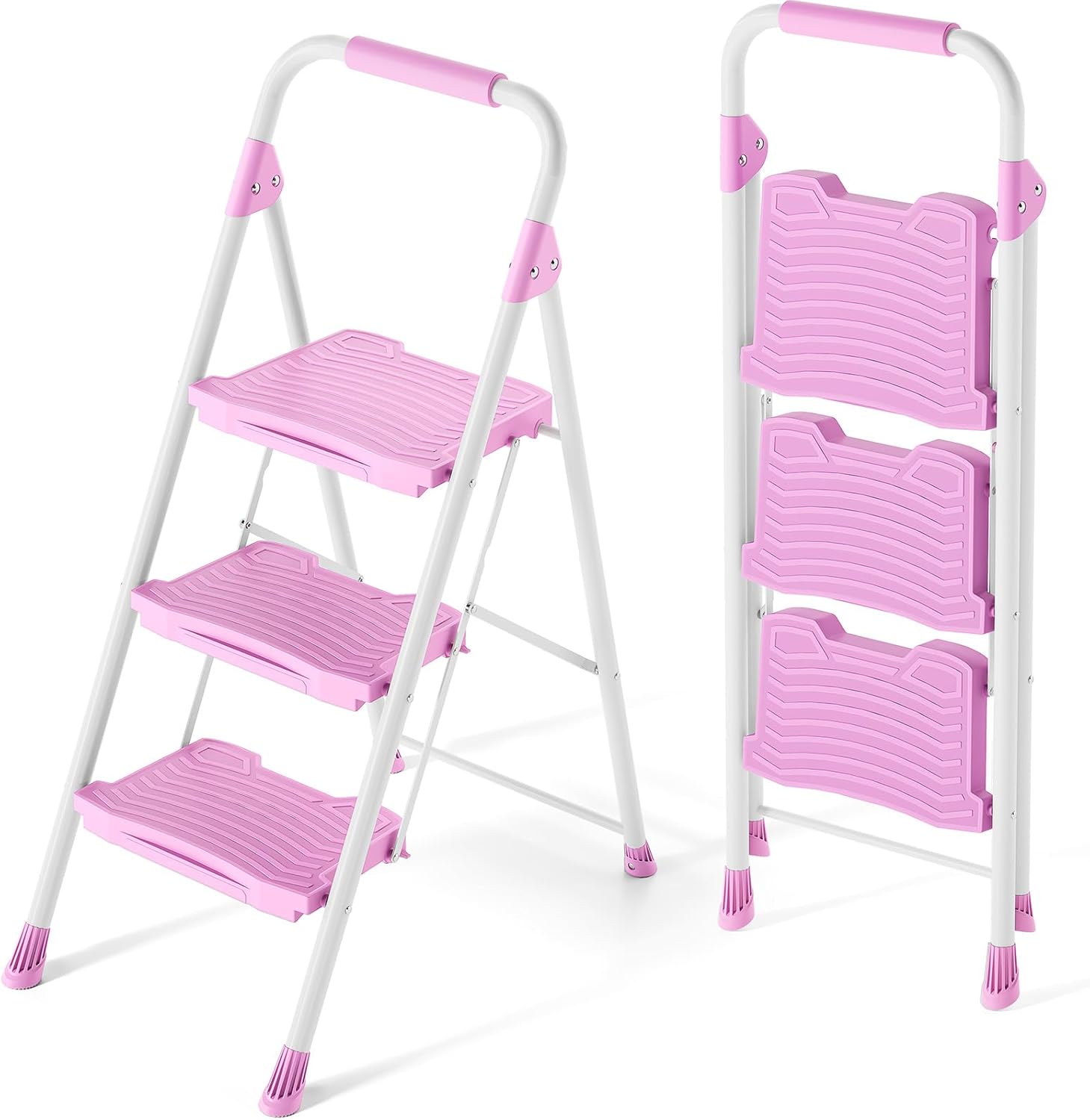KINGRACK 3 Step Ladder, Sturdy Step Stool with Handrail, Anti-Slip Wide Pedals, 900lbs Foldable Step Stool for Home, Garage, Garden, Household, Large Loading Capacity, Pink