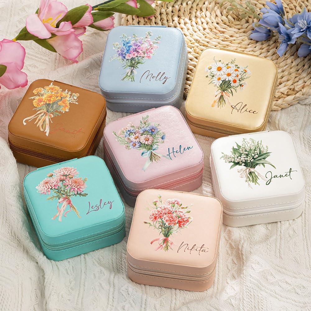 CALLIE Personalized Birth Flower Bouquet Name Leather Jewelry Box with Mirror - Multiple Compartments Bridal Shower Wedding Party Gift for Her