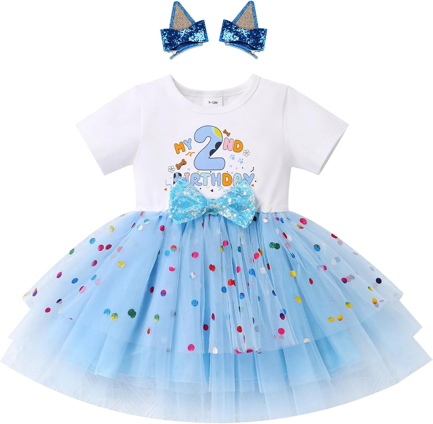 IMEKIS Toddler Birthday Girl Sparkle Confetti Ruffle Tutu Dress Dog Ears Hair Clips Outfit Cake Smash Photo Shoot 1-6T