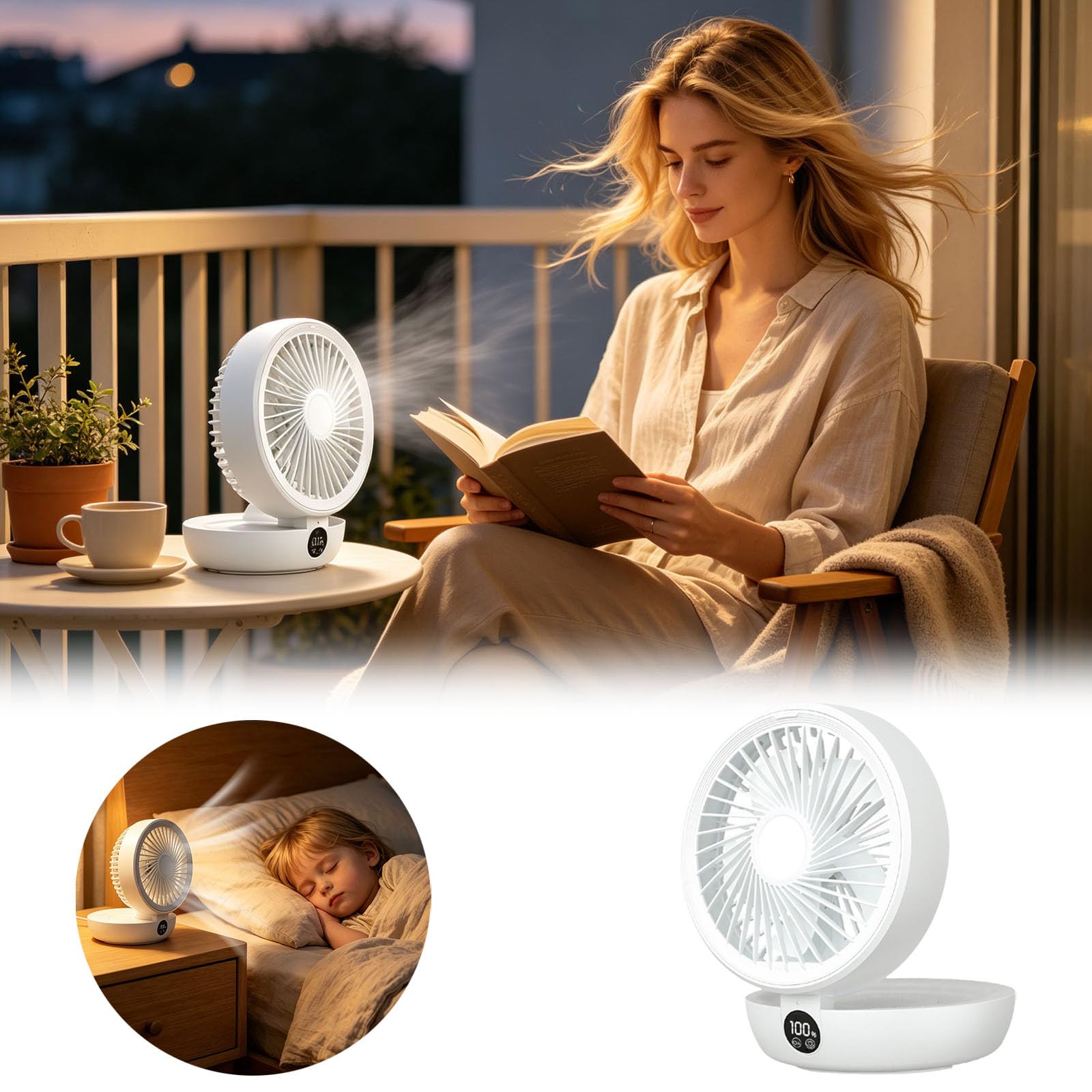 Mini ventilatore con ricarica wireless, portatile, ricaricabile tramite USB, per casa, ufficio, dormitorio, estate (bianco)