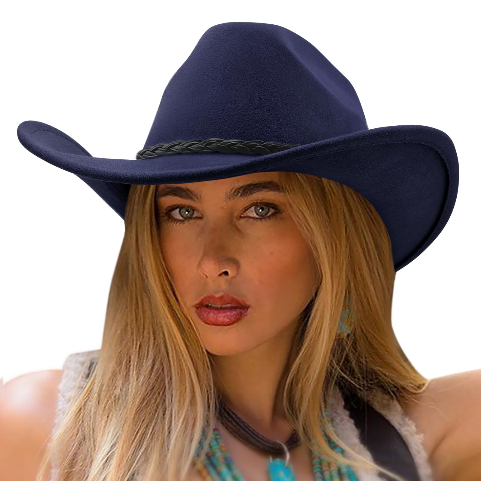 DRESHOW Cowboy Hat for Men Women Classic Western Wide Brim Roll Up Fedora Cowgirl Outback Hat with Strap