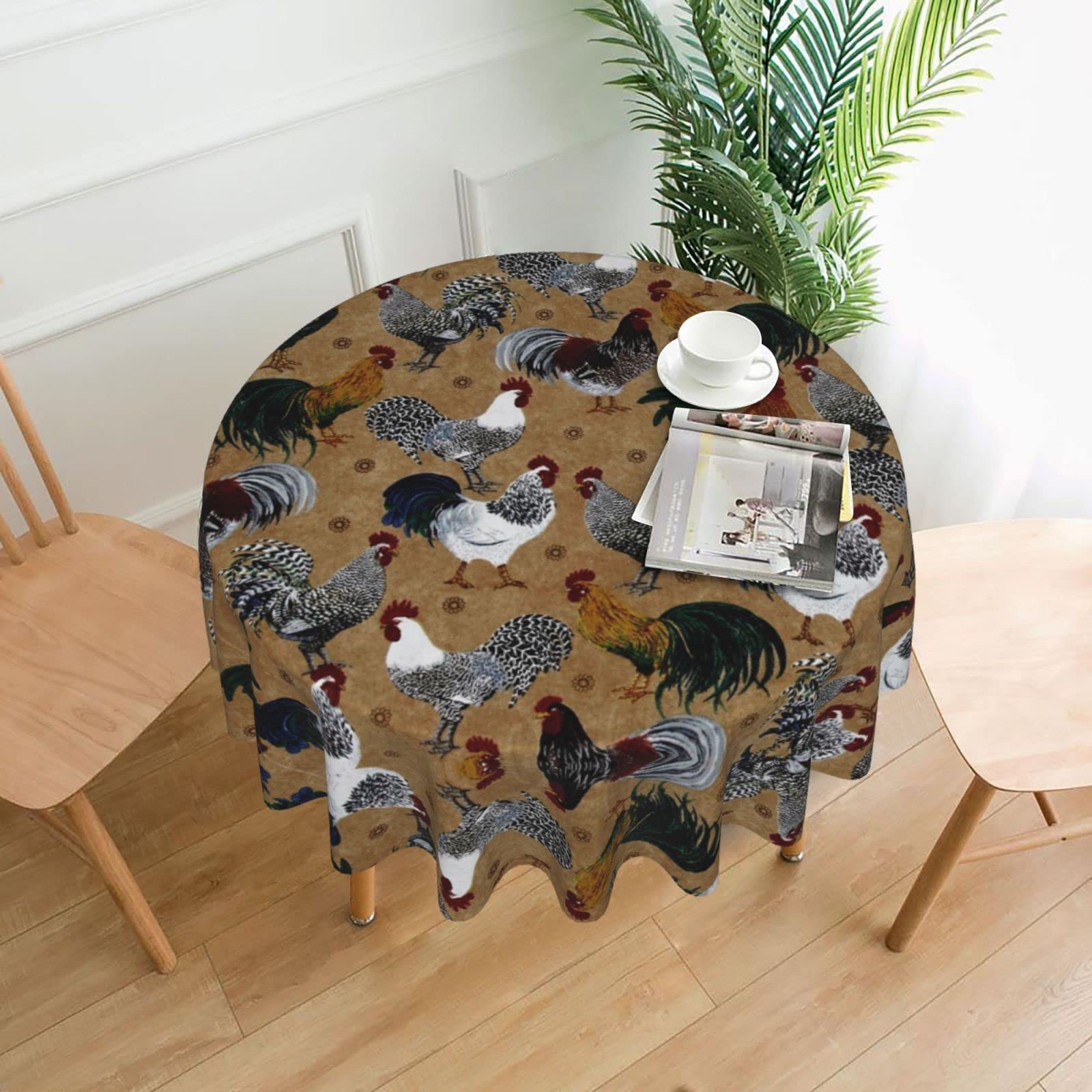 Lawenp Rooster Decorative Round Table Cloths - 60 Inches in Diameter for Buffet Tables, Parties, Holiday Dinners.