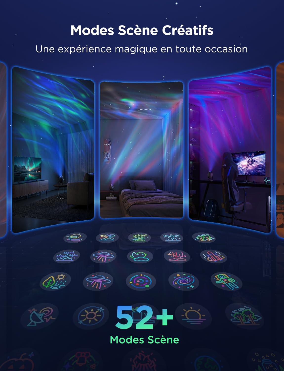 Govee Projecteur Ciel Etoilé LED RGBW Galaxie 52 Scènes 18 Bruits Blancs Lumière Etoiles Plafond Alexa Matter Compatible Timer Veilleuse Enfant