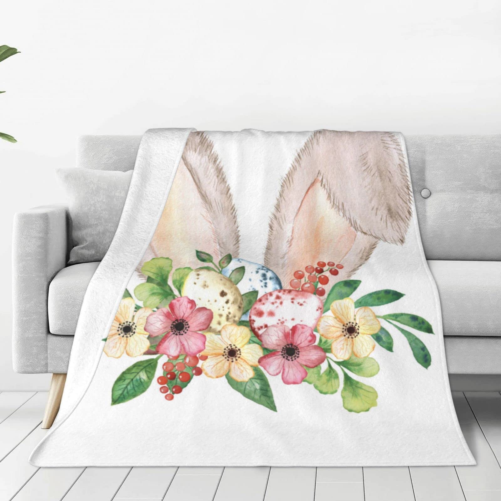 Lsjuee Throw Blanket Watercolor Easter Bunny Ears Warm Cozy Soft Lightweight Flannel Fleece Blanket for Bedroom Sofa Room Home Decorative Fuzzy Blanket 40"x30"