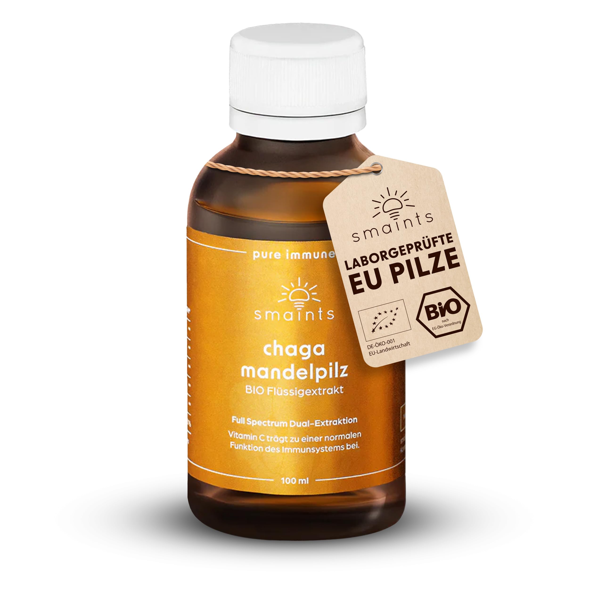smaints Bio Chaga & Mandelpilz Flüssigextrakt | Bio-Vitalpilz-Dualextrakt mit über 43% Polysacchariden | Hochdosiert für maximale Bioverfügbarkeit | Mit Vitamin C zur Unterstützung des Immunsystems*