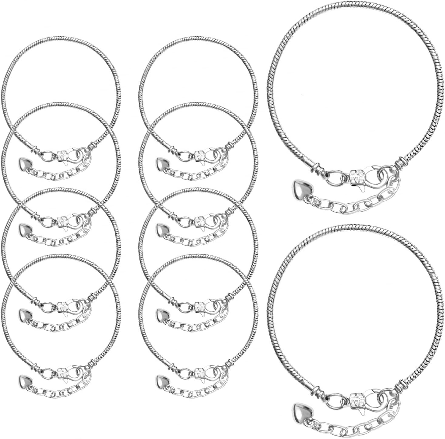 10 Pcs Snake Chain Bracelets for Jewelry Making Charm Bracelet Chains with Heart Lobster Clasp Extender Chain Stainless Steel Charm Bracelets for Women DIY Crafts Supplies (7.87 Inch, Silver)