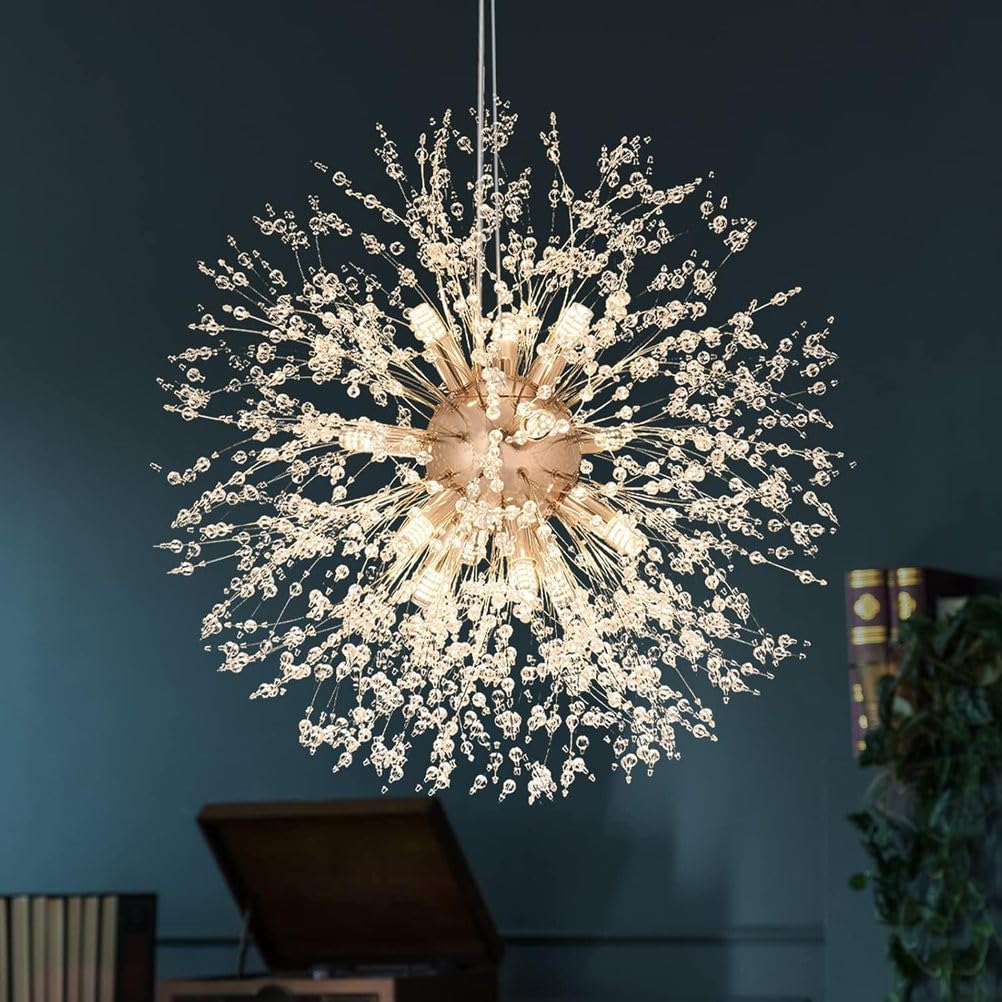 MESOVFCA Modern Crystal Chandeliers Firework, Crystal Light Fixture, Dandelion Chandelier for Living Room Dining Room Foyer Hallway Entryway Kitchen Bedroom,Gold,12Light