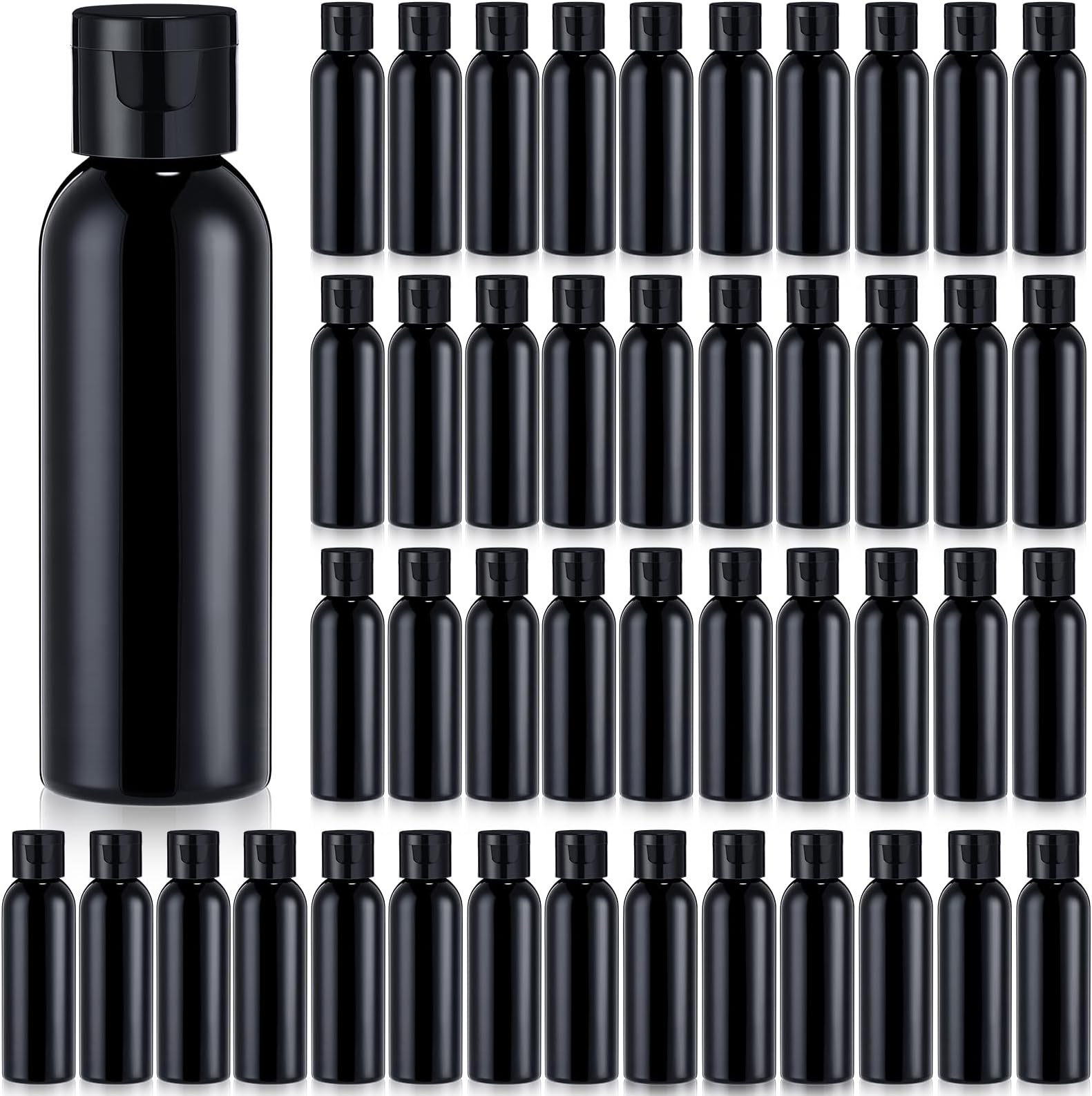 Zhehao 200 Pcs 2 oz Black Plastic Empty Bottles Small Travel Size Bottles with Flip Cap Empty Transparent Dispenser Container for Liquids Toiletries Shampoo Lotion(Black Cap)