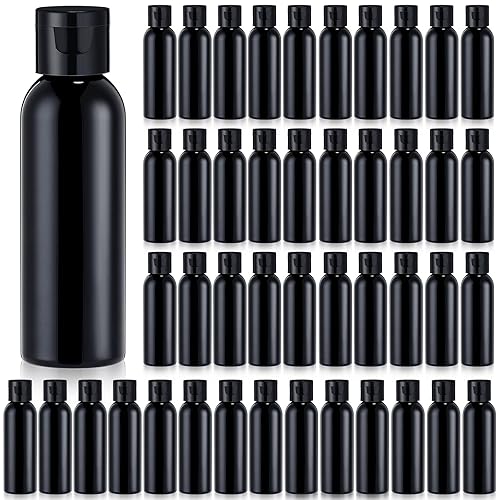 Zhehao 200 botellas vacías de plástico negro de 2 onzas, botellas pequeñas de tamaño de viaje con tapa abatible, recipiente dispensador transparente