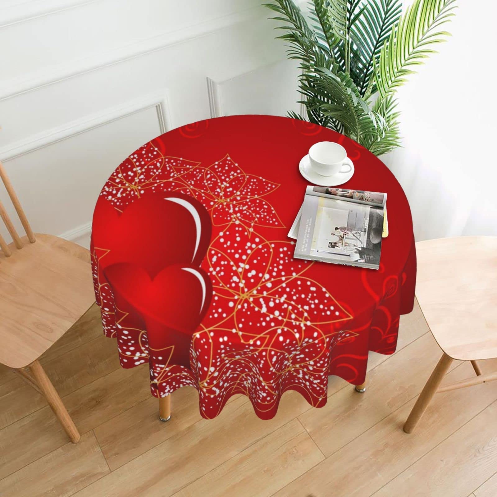 Valentine's Day Floral Round Tablecloth Love Heart Circular Table Cover Decorative for Dining Room Wedding Holiday 60 Inch