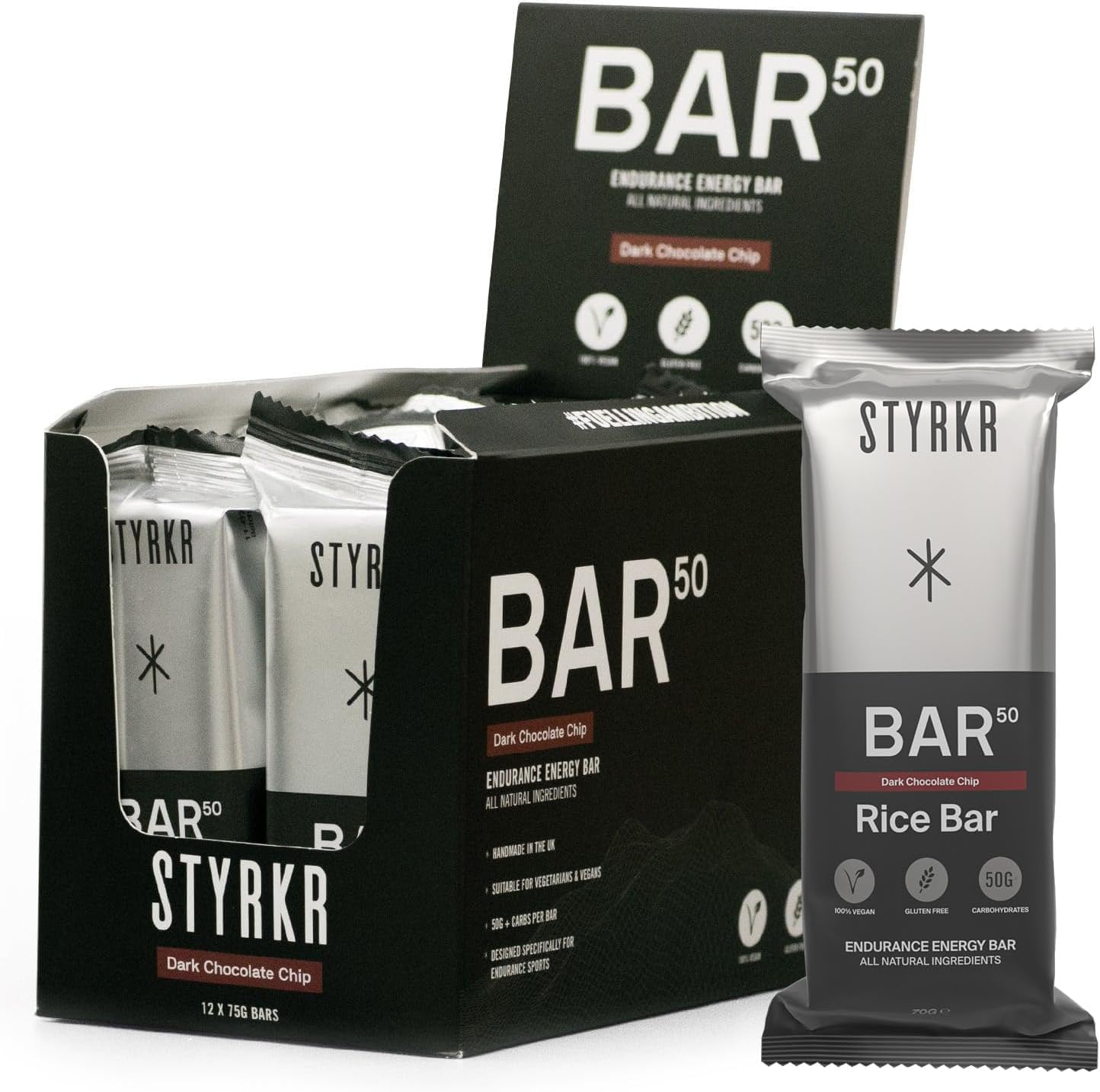 Energy Bars by Styrkr - Pack of 12 Rice Bars for Cycling & Running - Dark Chocolate Chip Flavour - Approved by Endurance Athletes - 50g of Carbs via Advanced Dual-Carb Formulation - BAR50-12x Pack