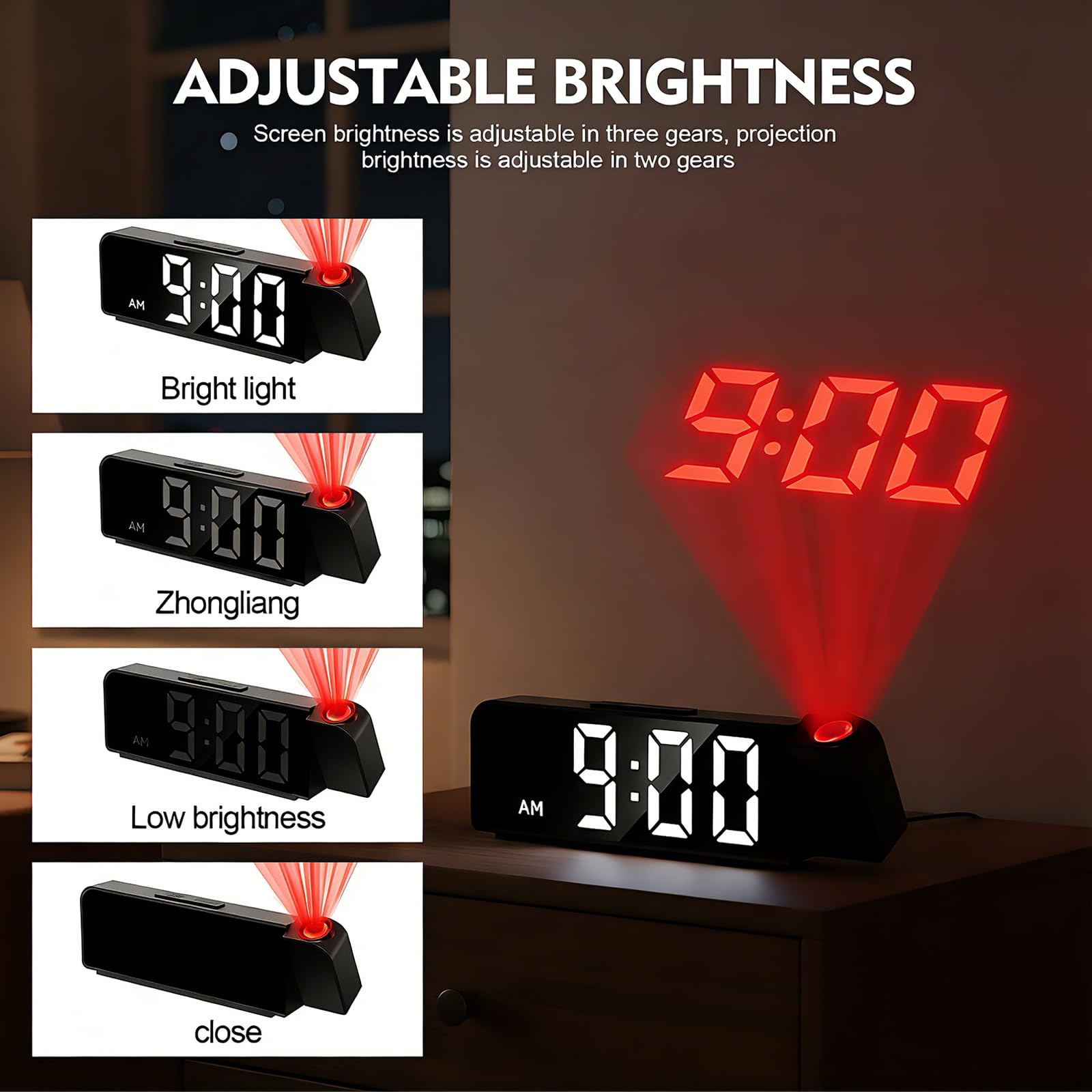 Projektionswecker für Schlafzimmer mit 180° Projektion, Digitaler Wecker mit LED Bildschirm, Temperaturanzeige, 12/24H Anzeige, USB Anschluss, Nachttisch und Büro