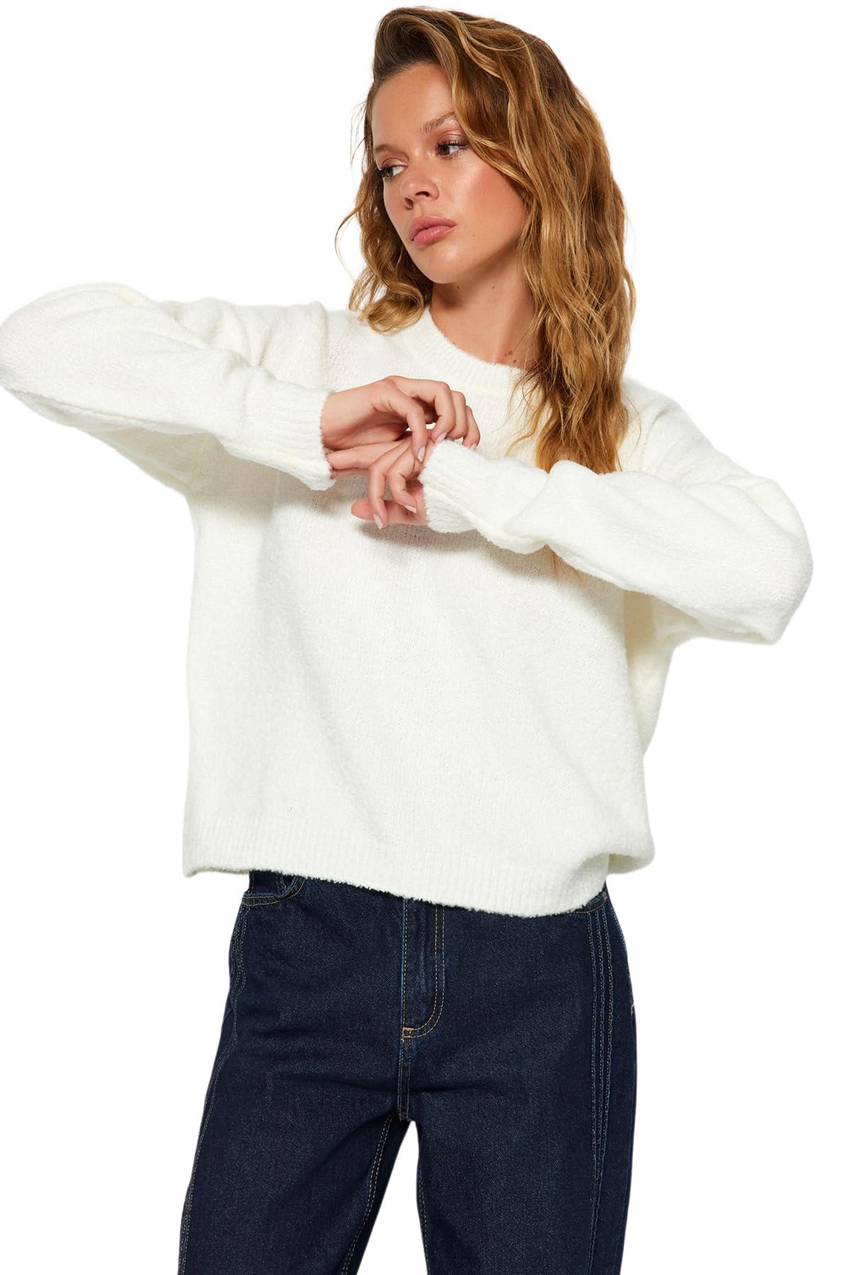 Trendyol Damen Regular fit Basic Crew Neck Knitwear Sweater,Ecru,S