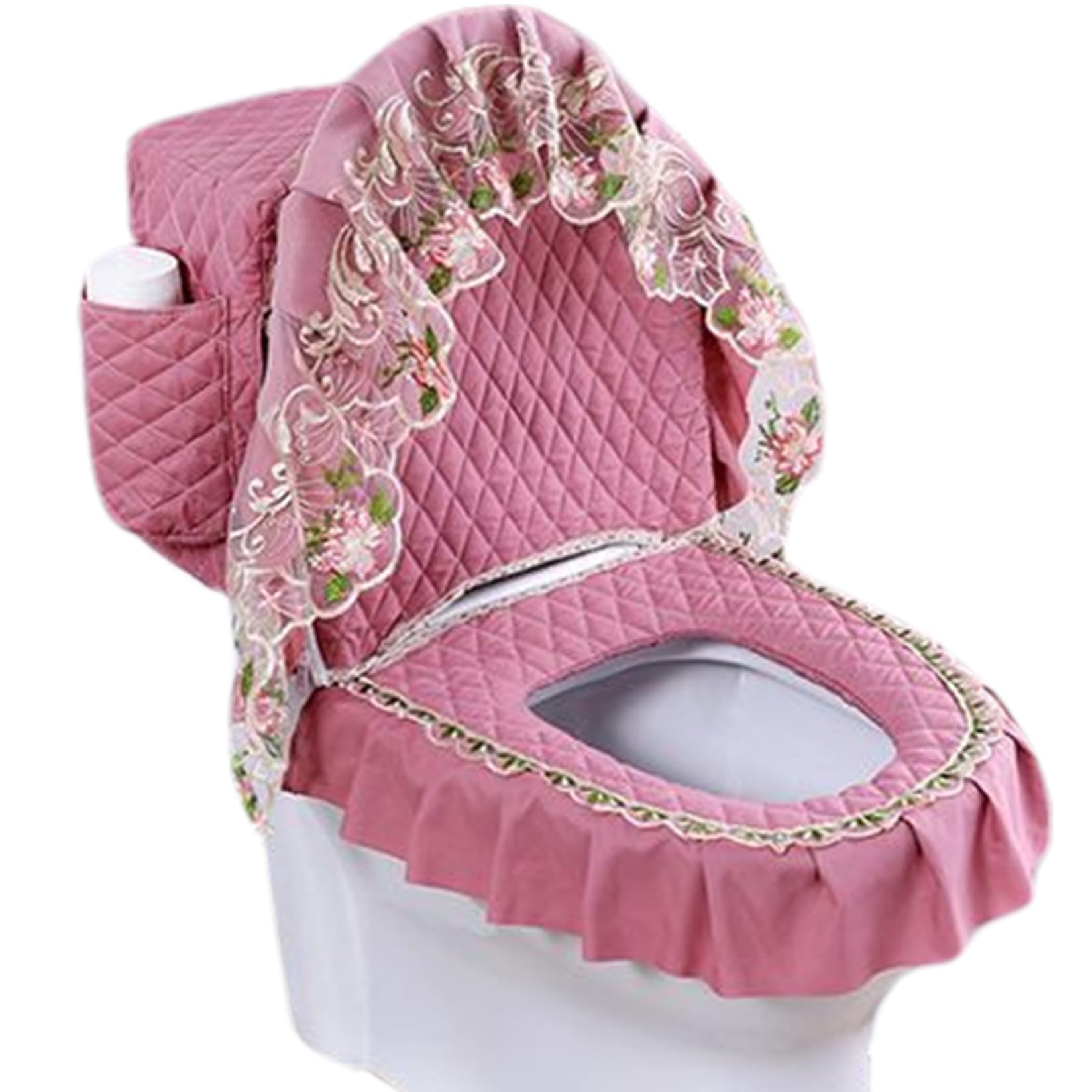 Vervevum 3PCS Toilet Seat Cover Set, Soft & Comfortable Lace Toilet Cover Set, With Storage Bag Lid, Washable Tank for Bathroom