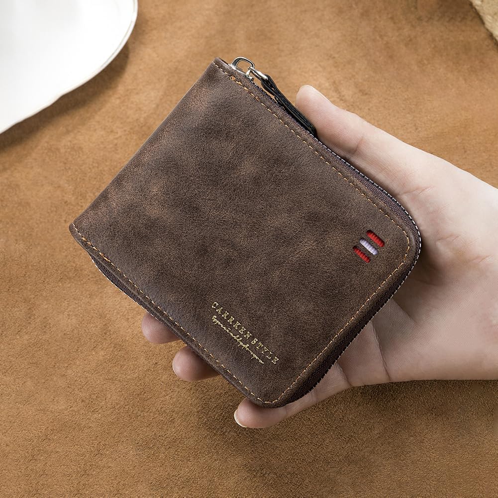 Vintage Zipper Bifold Wallet for Men - Compact Leather PU Multi-Function Wallet with Cash Compartment, Card Slots & Coin Pocket(Dark-Coffee)