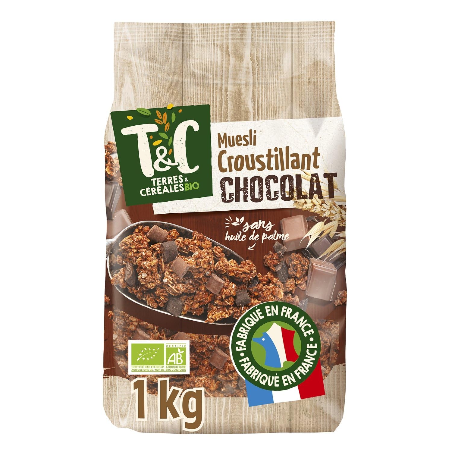 TERRES & CEREALES BIO - Muesli Croustillant Chocolat, Sans Huile de Palme Saveur Authentique Bio, 1 kg - Lot De 3