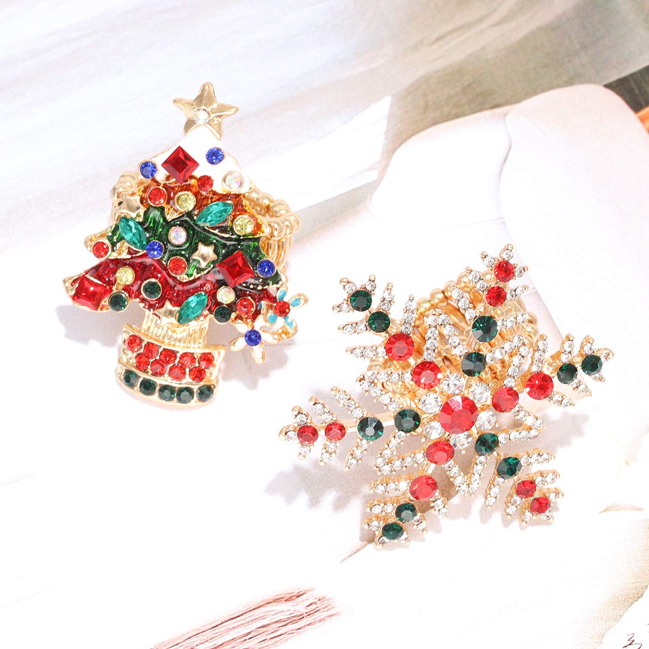 Anillos elásticos de Navidad, árbol de Navidad, invierno, copo de nieve, Papá Noel, anillos elásticos festivos de cristal con diamantes de imitación, joyería de vacaciones para mujeres, 7
