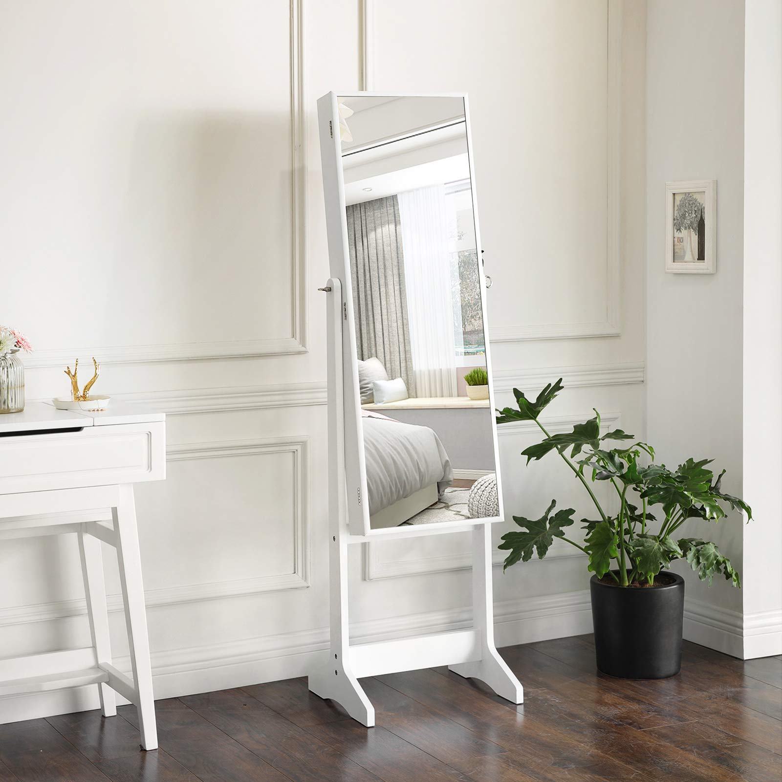 SONGMICS Schmuckschrank, Spiegelschrank, Standspiegel, GanzkÖrperspiegel, Geschenk, einfacher Aufbau, weiß JJC69WT