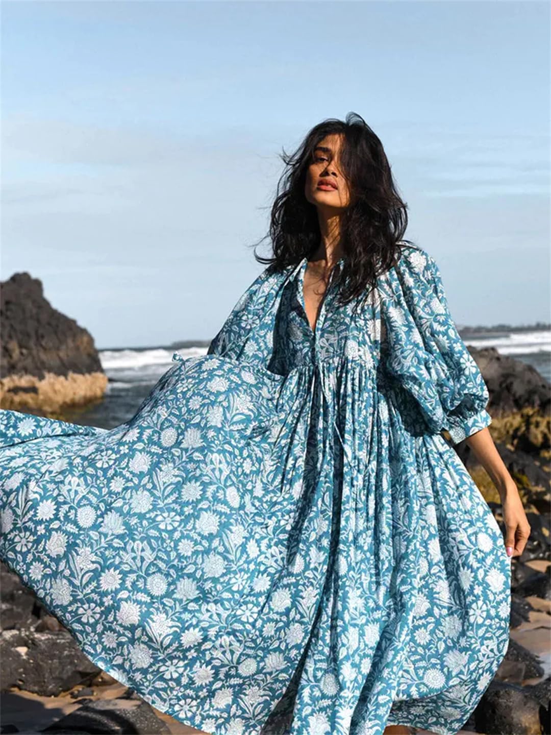 Hdhdeueh Vestido casual de gran tamaño para mujer, estampado de vacaciones, cuello en V, media manga, holgado, vestido midi bohemio
