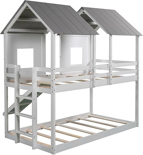 Miniatura 56 de Merax Cama de madera de tamaño completo con ventana y valla, marco de cama matrimonial para adolescentes, niños y niñas, gris