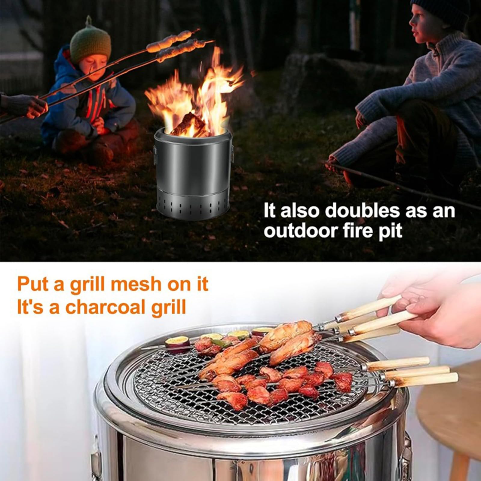 Przenośny grill bezdymny, grill kebabowy ze stali nierdzewnej z 28 szpikulcami i rusztem do gotowania