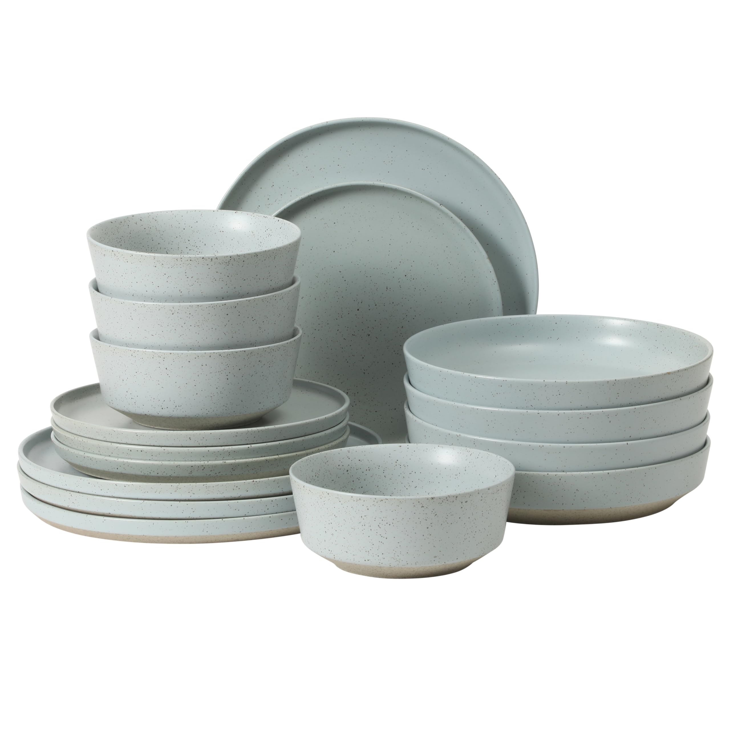 Gibson Elite Overbrook 16-Piece Pottery Clay Stoneware Dinnerware Set – Light Blue Reactive Glaze, Stackable Plates and Bowls w/Pasta Bowl, Service for 4 – Microwave &amp; Dishwasher Safe