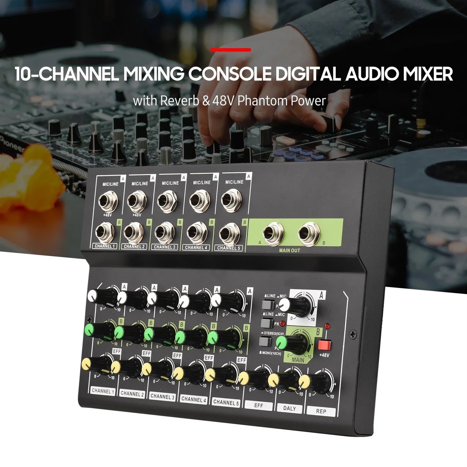 DJ-Controller 10-Kanal-Mischkonsole, digitaler Audio-Mixer, Stereo-Mikrofon/Line-Mixer mit Hall for die Aufnahme von DJ-Netzwerk-Live-Übertragungen